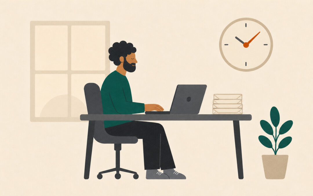 Flat illustration of a founder working at a laptop beside a sunrise window and a wall clock, with a small stack of messages on the desk.